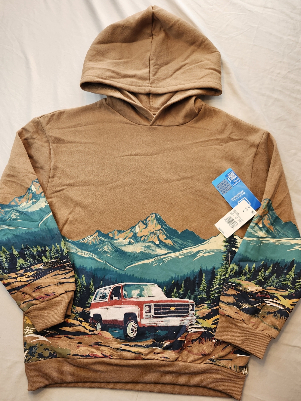 Kids Tan Hoodie with Mountain & Retro Blazer Graphic- Large